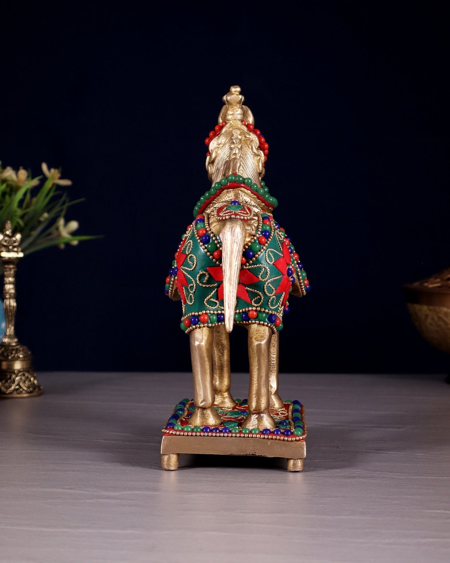 Brass Horse Standing Showpiece Statue floral stonework 7.5" - Budhshiv.com