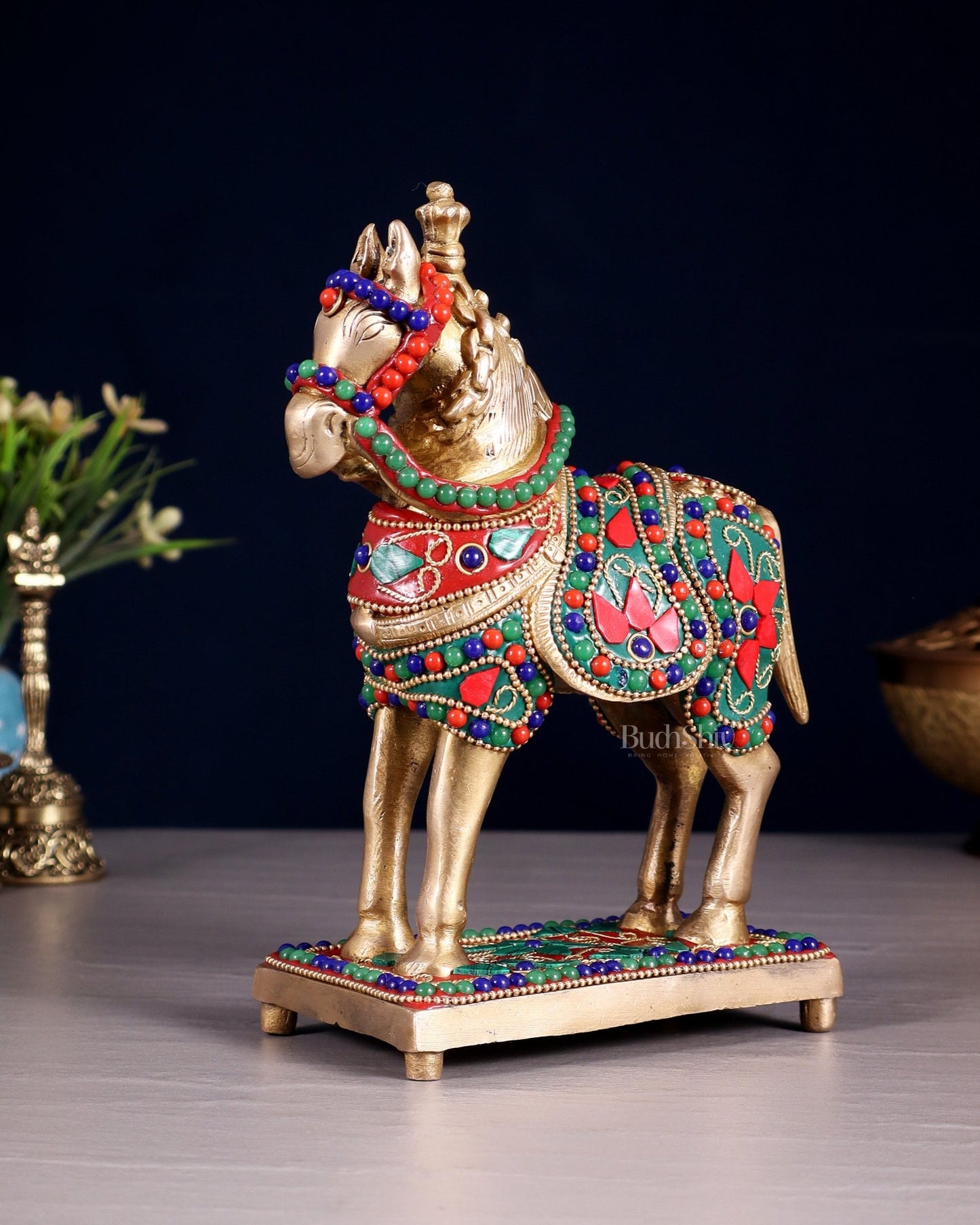 Brass Horse Standing Showpiece Statue floral stonework 7.5" - Budhshiv.com