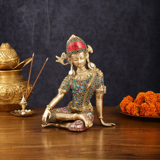 Brass Indra Dev Murti with Stonework - 9.5" - Budhshiv.com