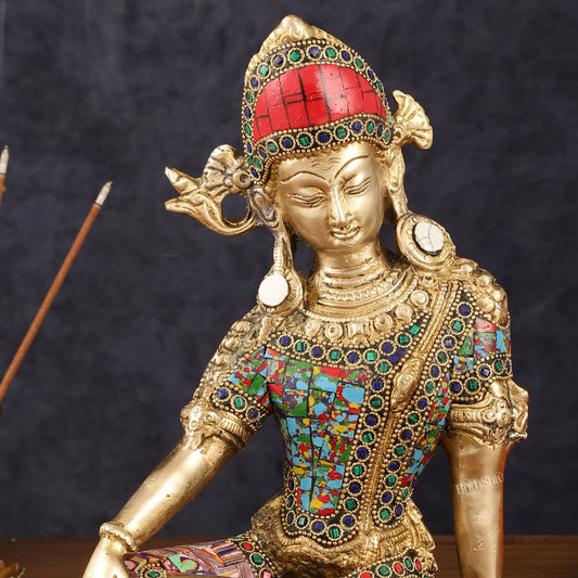Brass Indra Dev Murti with Stonework - 9.5" - Budhshiv.com