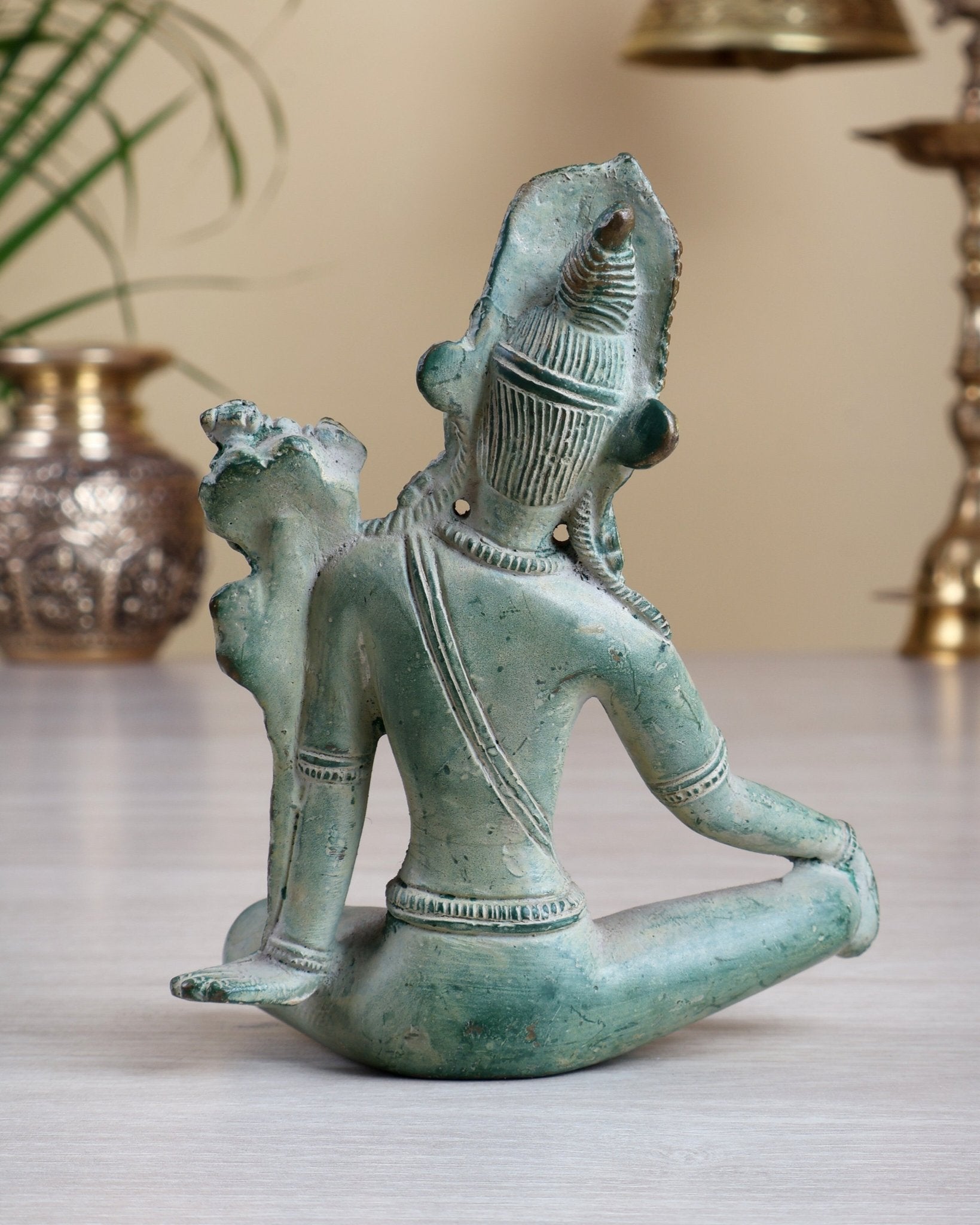 Brass Indra Dev Tibetan Statue – Fresh Green Patina Finish Idol 5.3" - Budhshiv.com
