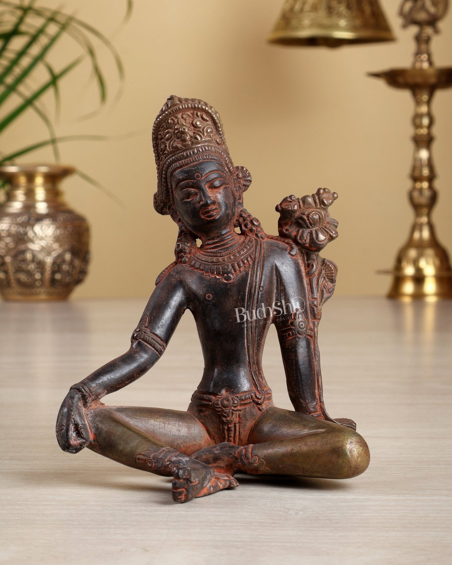 Brass Indra Dev Tibetan Statue – Vintage Red & Silver Finish Idol 5.3" - Budhshiv.com
