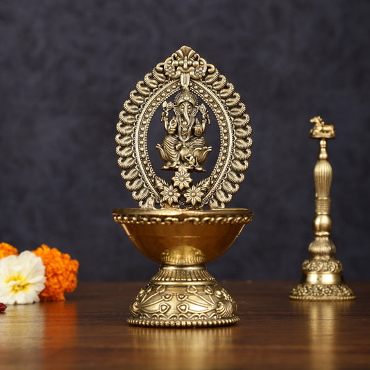 Brass Intricately Carved Ganesha Oil Lamp Diya - 6" Tall - Budhshiv.com