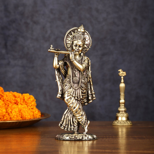 Brass Intricately Carved Superfine Krishna Idol - 7" Tall - Budhshiv.com