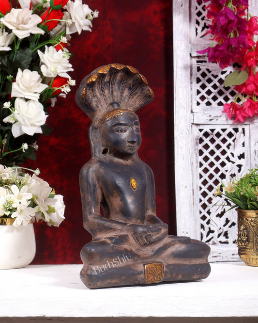 Brass Jain Tirthankar Rishabdeva Statue | Antique Finish | Pure Brass Adinath First Tirthankara Idol 12 inch - Budhshiv.com