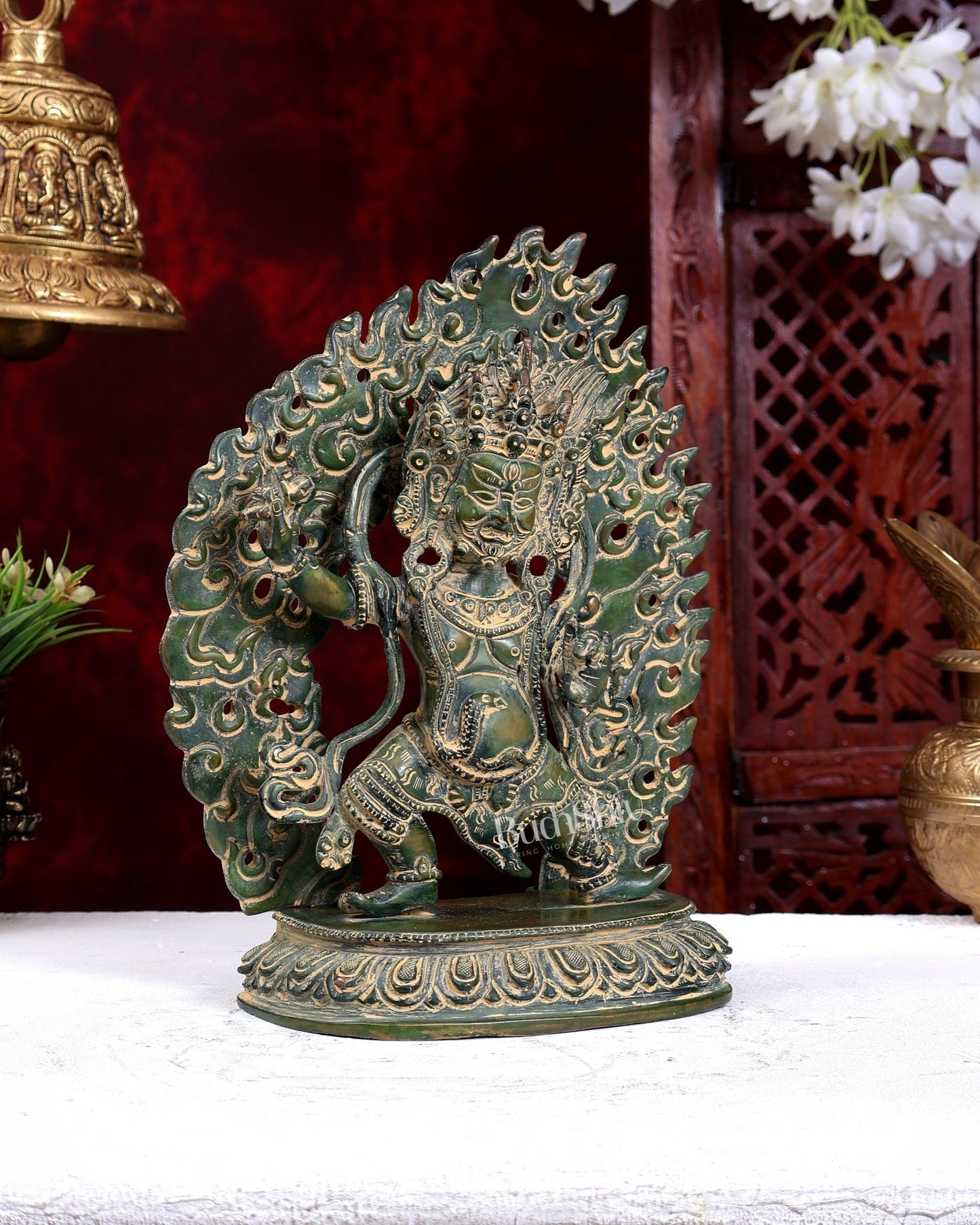 Brass Jambhala Mahakala Nepalese Idol Antique Green Patina 10 inch - Budhshiv.com