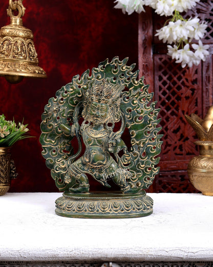 Brass Jambhala Mahakala Nepalese Idol Antique Green Patina 10 inch - Budhshiv.com