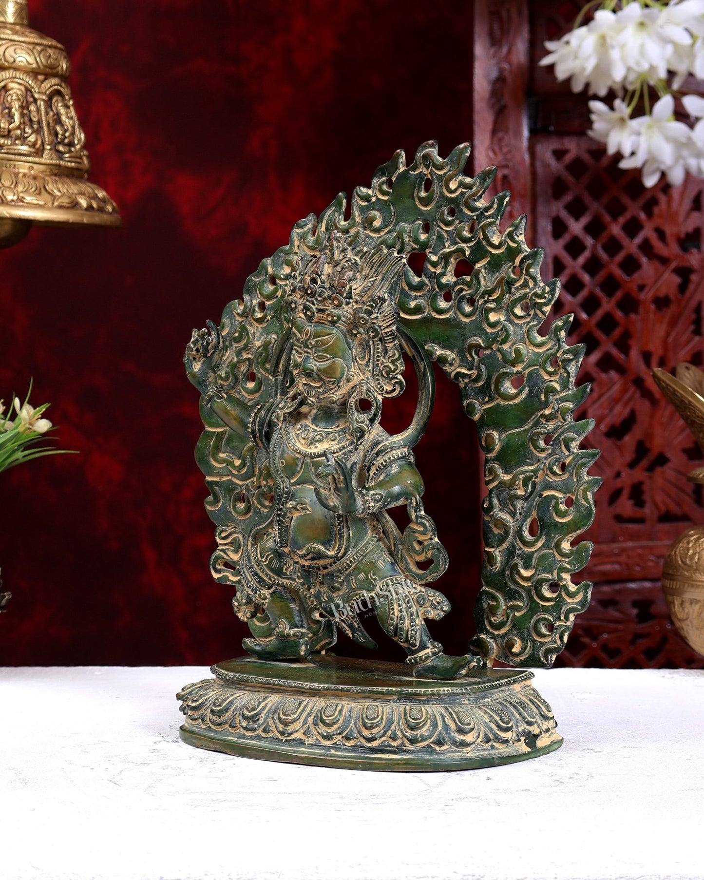 Brass Jambhala Mahakala Nepalese Idol Antique Green Patina 10 inch - Budhshiv.com