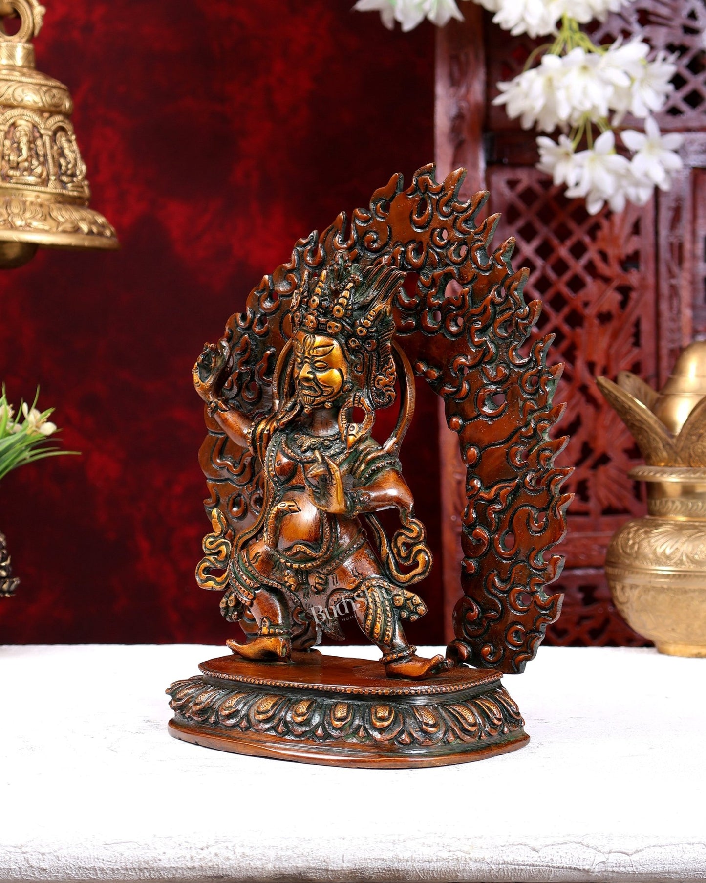 Brass Jambhala Mahakala Nepalese Idol for Home Altar & Décor Chola brown 10 inch - Budhshiv.com