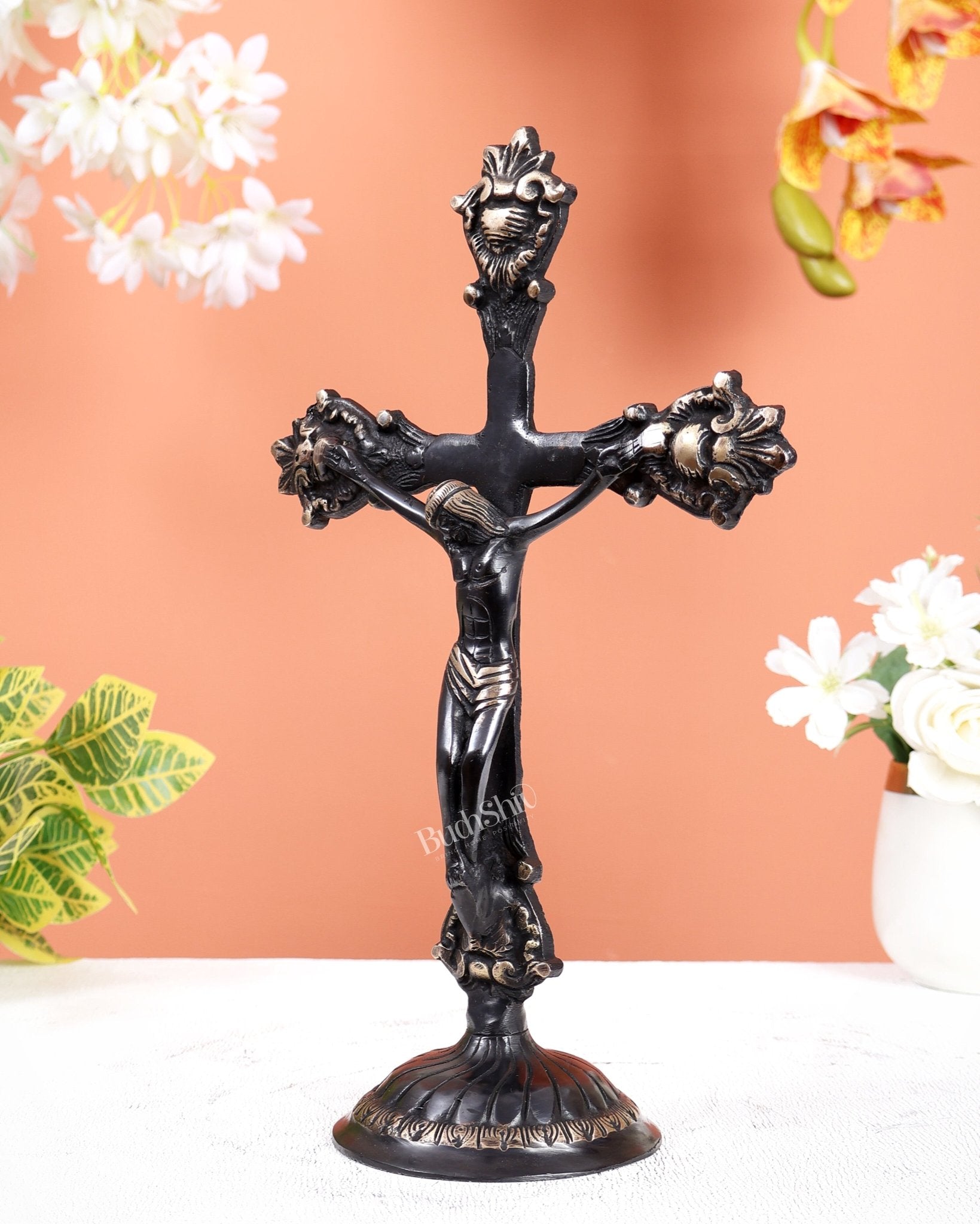 Brass Jesus Christ on Cross Statue black – Crucifix Christian Religious Sculpture (12 Inches) - Budhshiv.com
