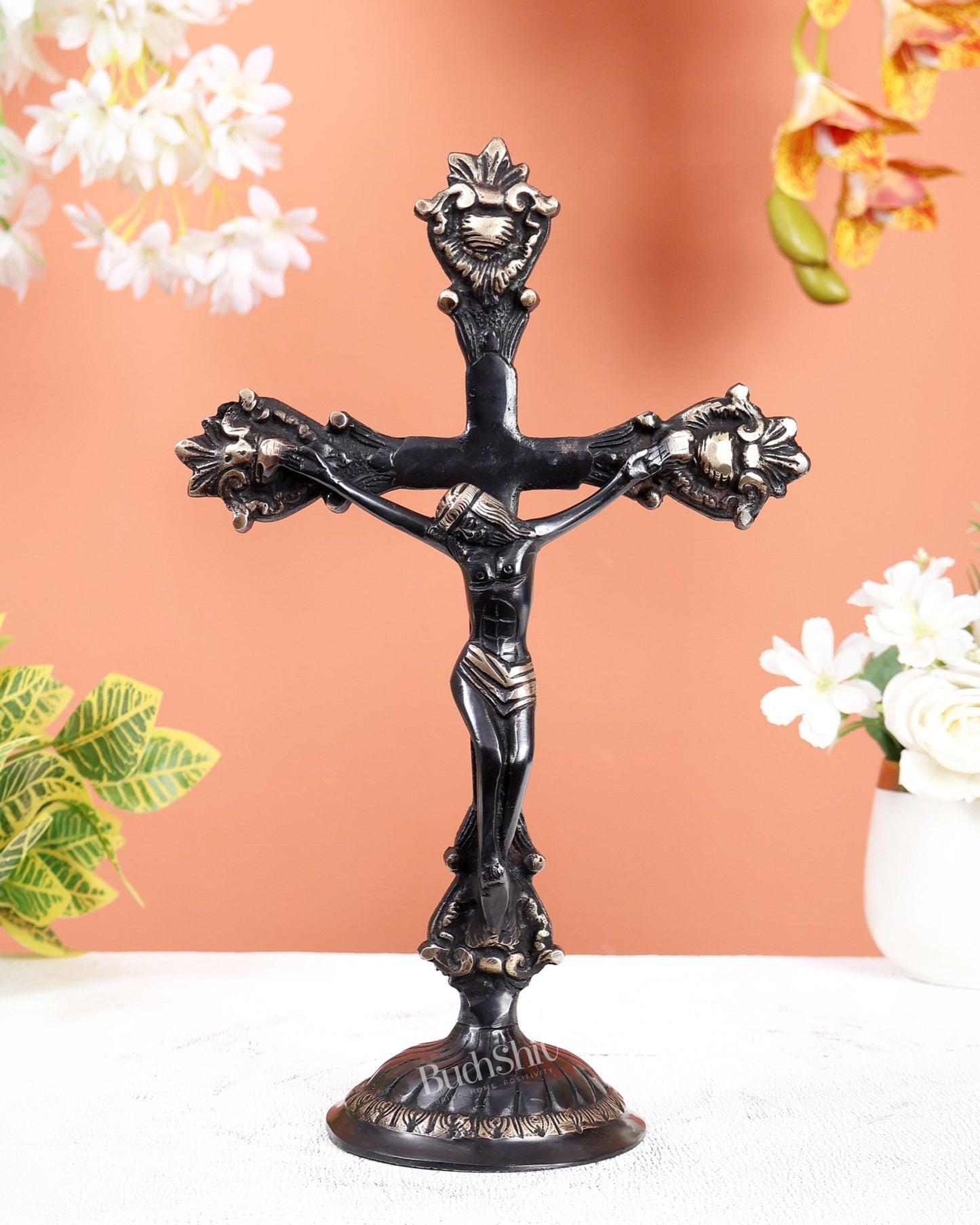 Brass Jesus Christ on Cross Statue black – Crucifix Christian Religious Sculpture (12 Inches) - Budhshiv.com