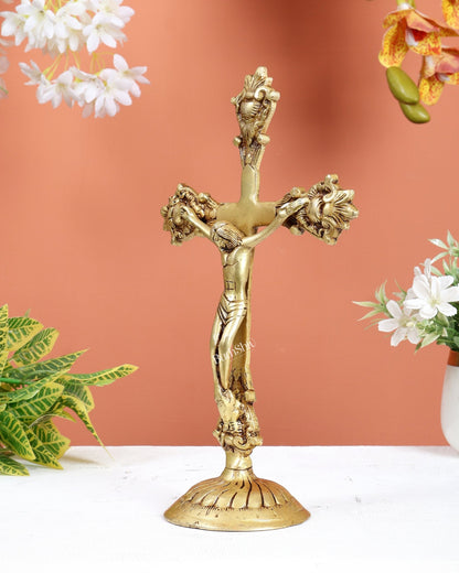 Brass Jesus Christ on Cross Statue – Crucifix Christian Religious Sculpture (12 Inches) - Budhshiv.com