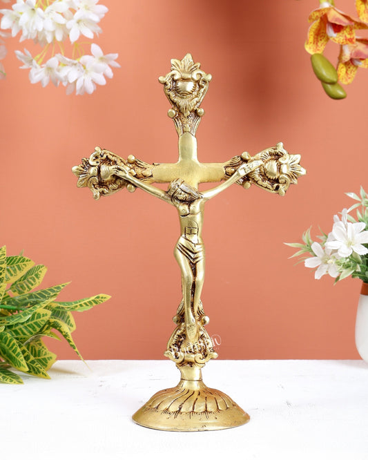 Brass Jesus Christ on Cross Statue – Crucifix Christian Religious Sculpture (12 Inches) - Budhshiv.com