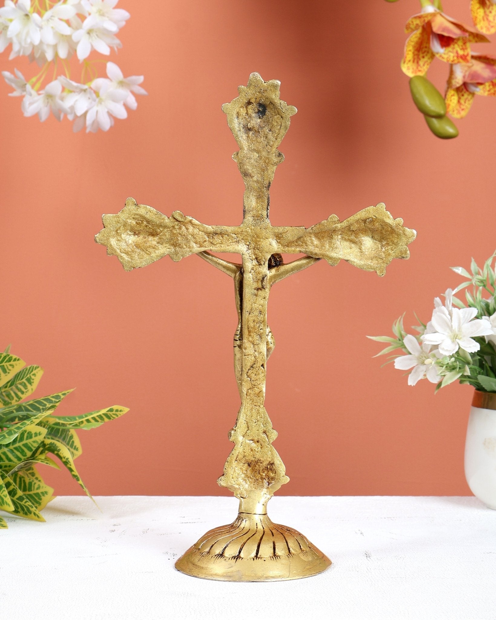 Brass Jesus Christ on Cross Statue – Crucifix Christian Religious Sculpture (12 Inches) - Budhshiv.com