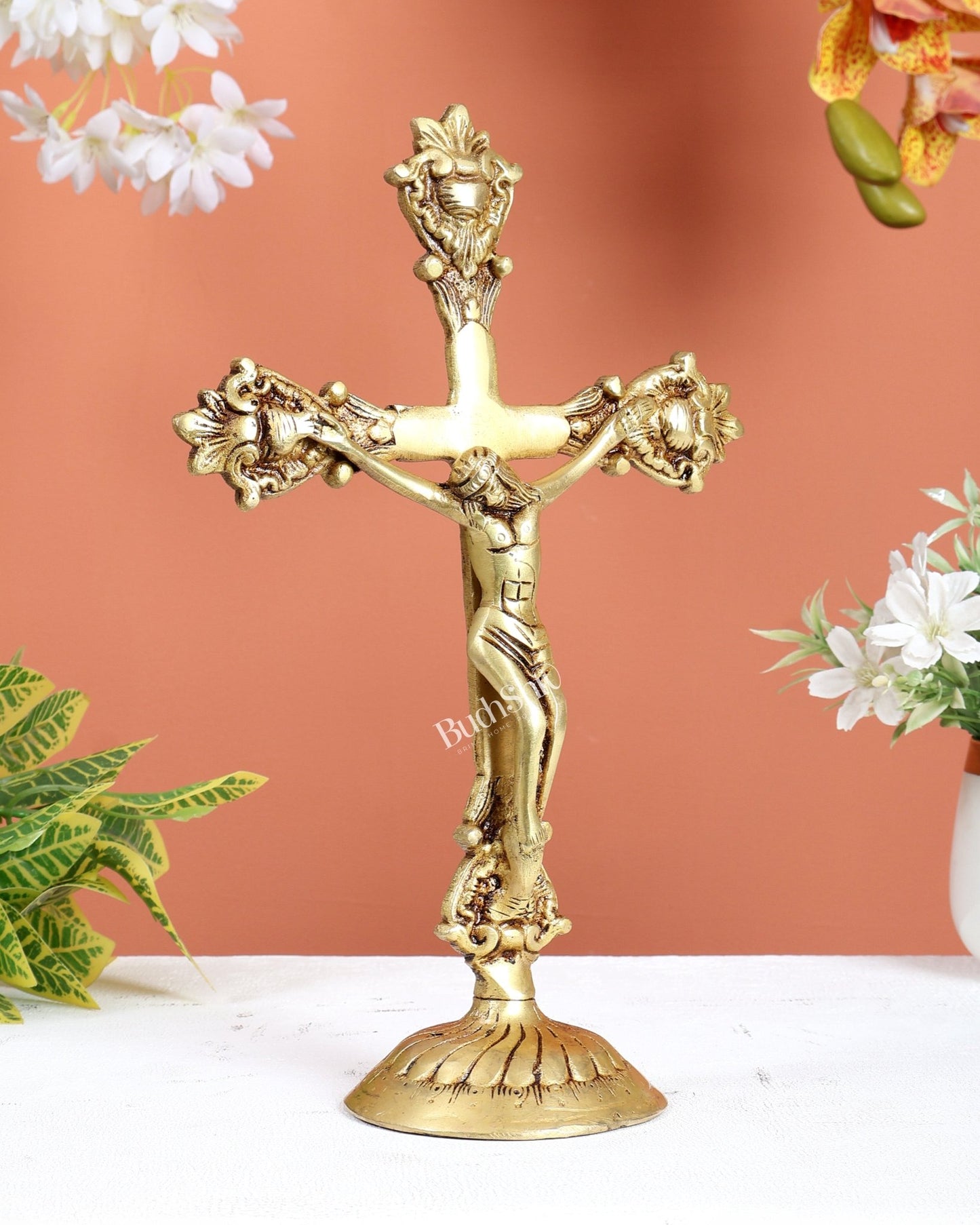 Brass Jesus Christ on Cross Statue – Crucifix Christian Religious Sculpture (12 Inches) - Budhshiv.com