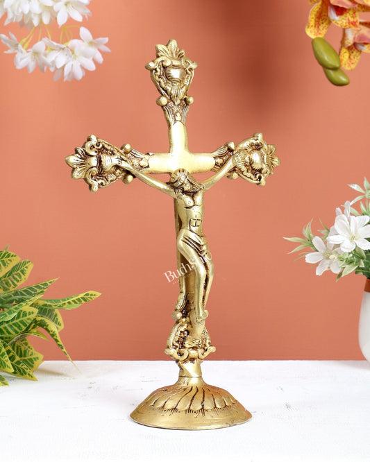 Brass Jesus Christ on Cross Statue – Crucifix Christian Religious Sculpture (12 Inches) - Budhshiv.com