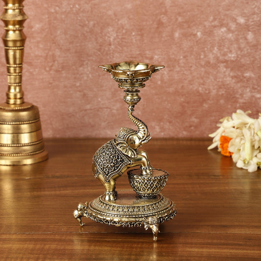 Brass Jumping Elephant Lamp Oil Diya | 6 Inch Height - Budhshiv.com
