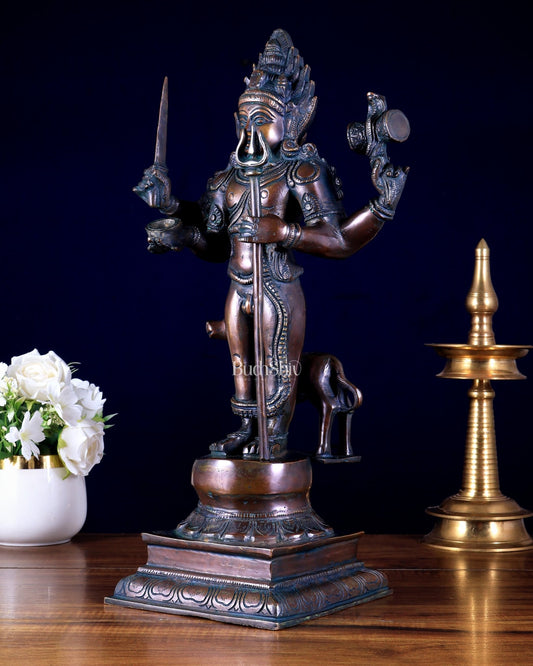 Brass Kaal Bhairava Statue with dog antique bronze finish 18 inch - Budhshiv.com
