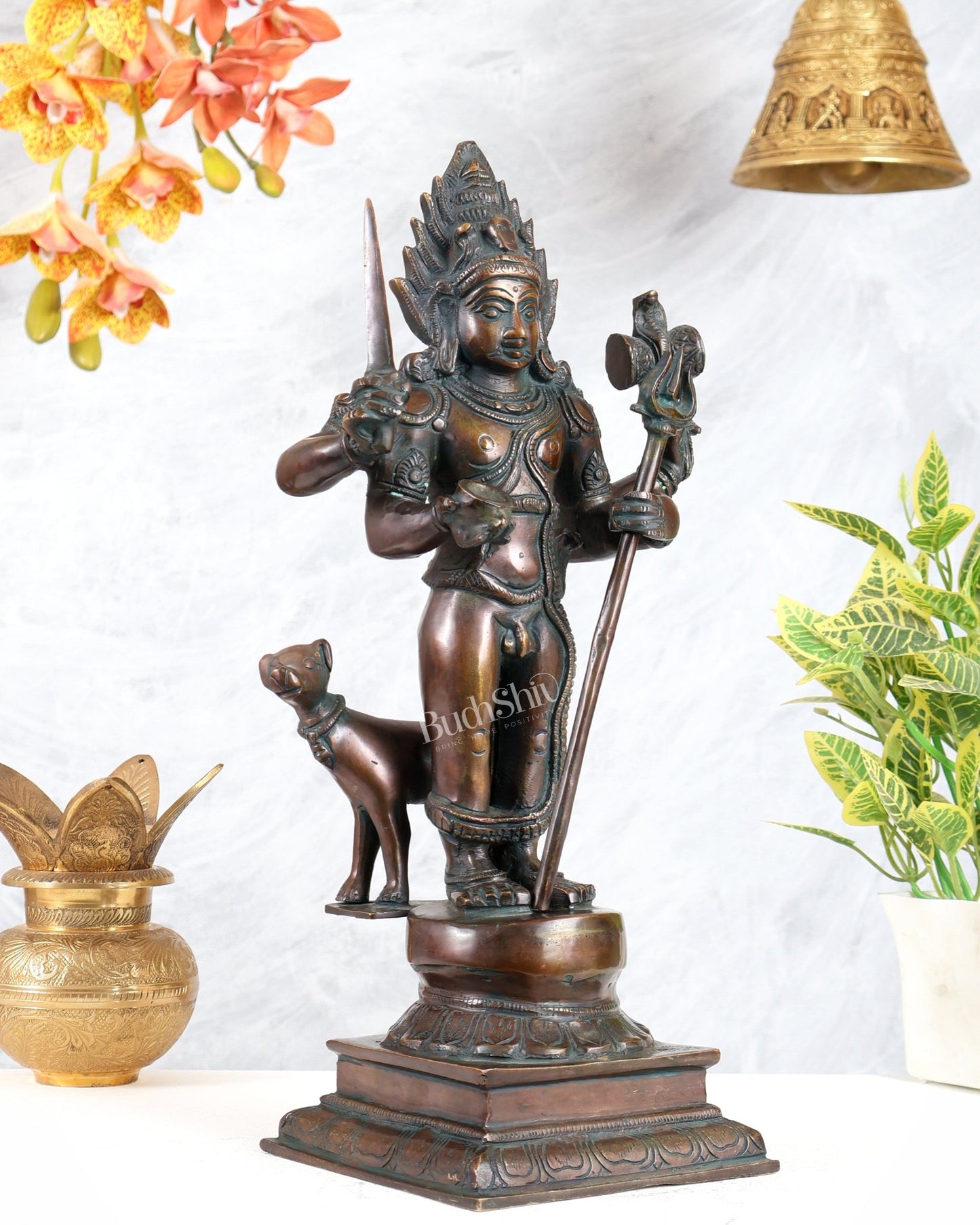 Brass Kaal Bhairava Statue with dog antique bronze finish 18 inch - Budhshiv.com