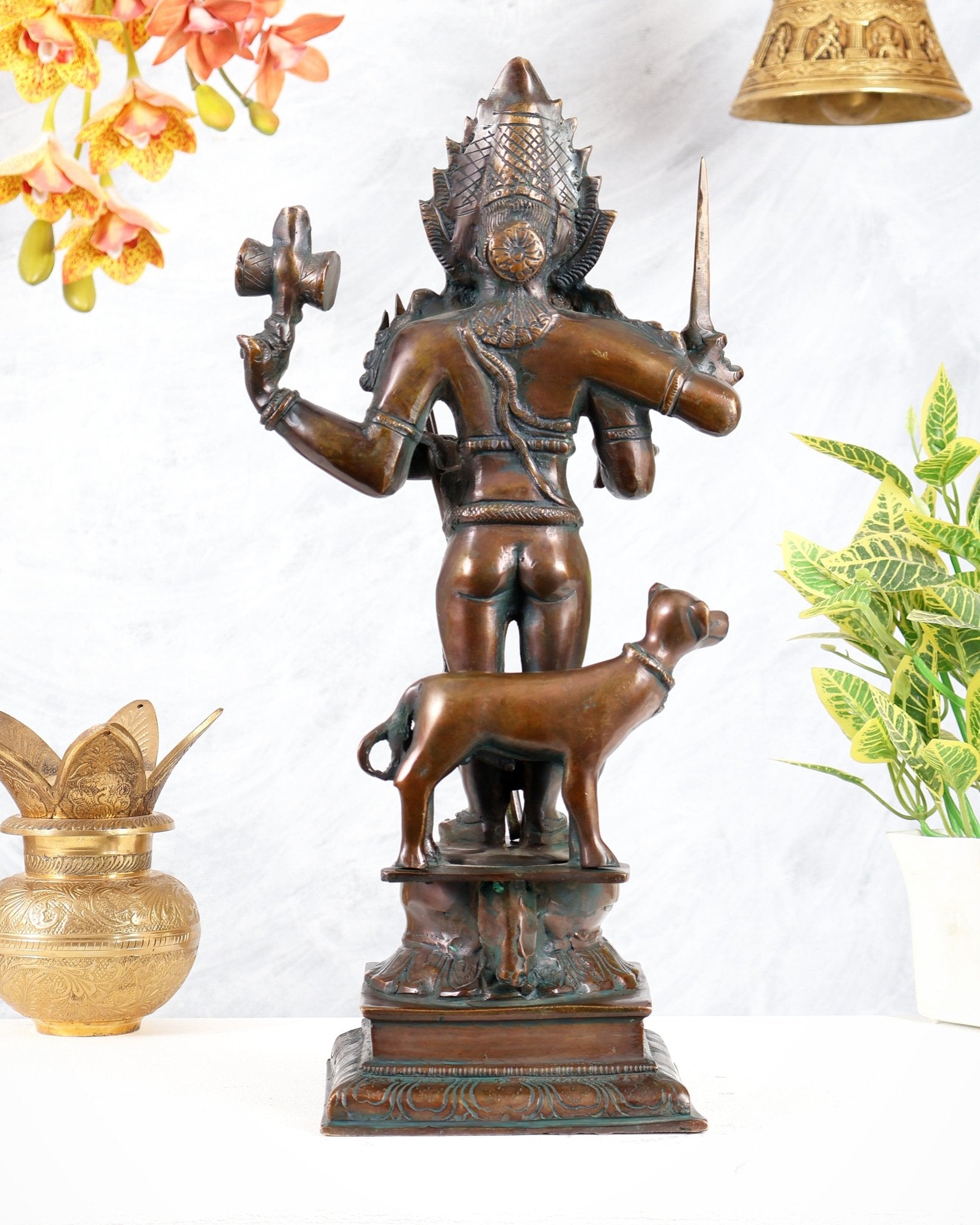 Brass Kaal Bhairava Statue with dog antique bronze finish 18 inch - Budhshiv.com