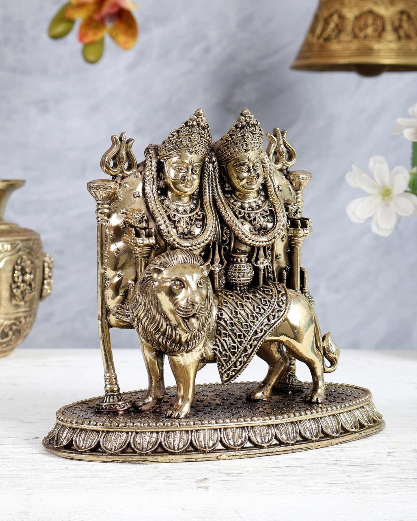 Brass Kaila Devi Chamunda Mata on Lion superfine Idol 6.5" - Budhshiv.com