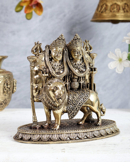 Brass Kaila Devi Chamunda Mata on Lion superfine Idol 6.5" - Budhshiv.com
