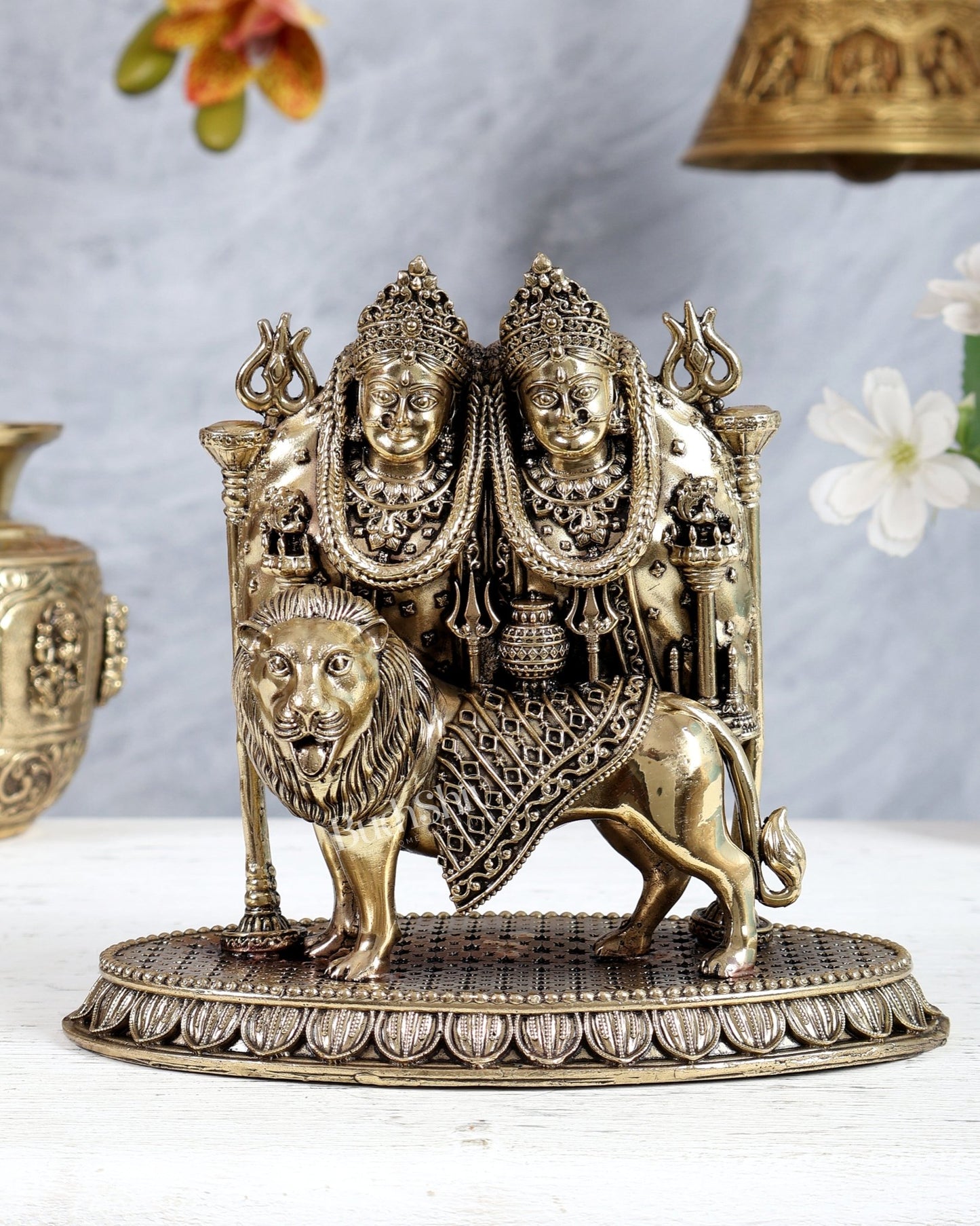 Brass Kaila Devi Chamunda Mata on Lion superfine Idol 6.5" - Budhshiv.com