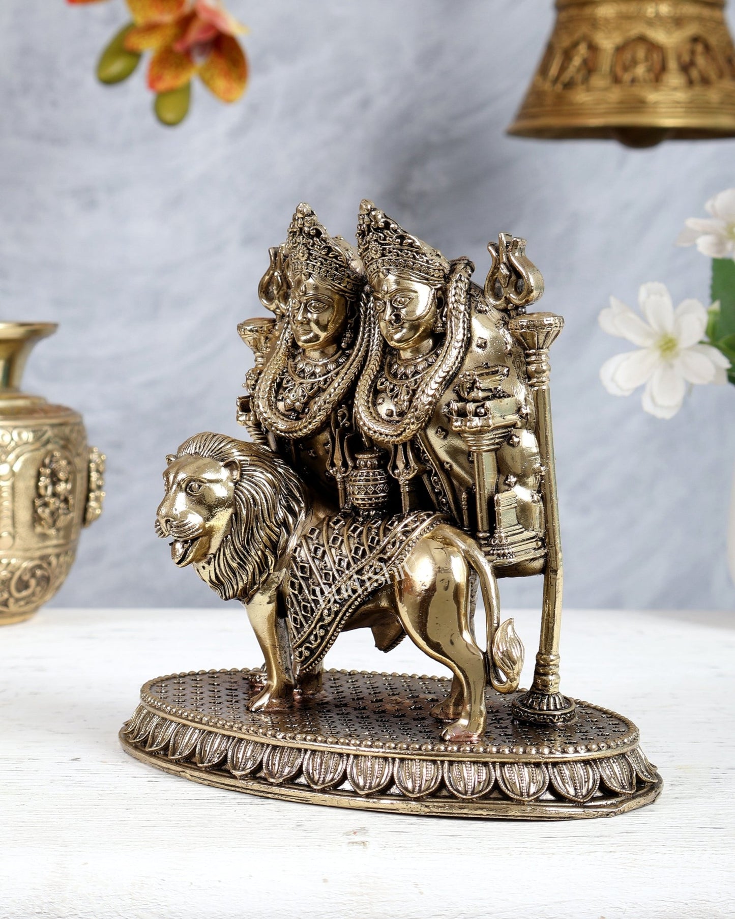 Brass Kaila Devi Chamunda Mata on Lion superfine Idol 6.5" - Budhshiv.com