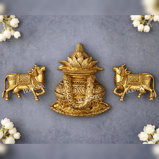 Brass Kalash & Pichwai Kamdhenu Cow Wall Hanging Set – Auspicious Spiritual Décor - Budhshiv.com