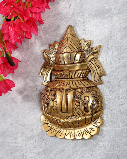 Brass Kalash Shankh Chakra Namah Wall Hanging – Auspicious Vedic Décor Plaque 10" - Budhshiv.com