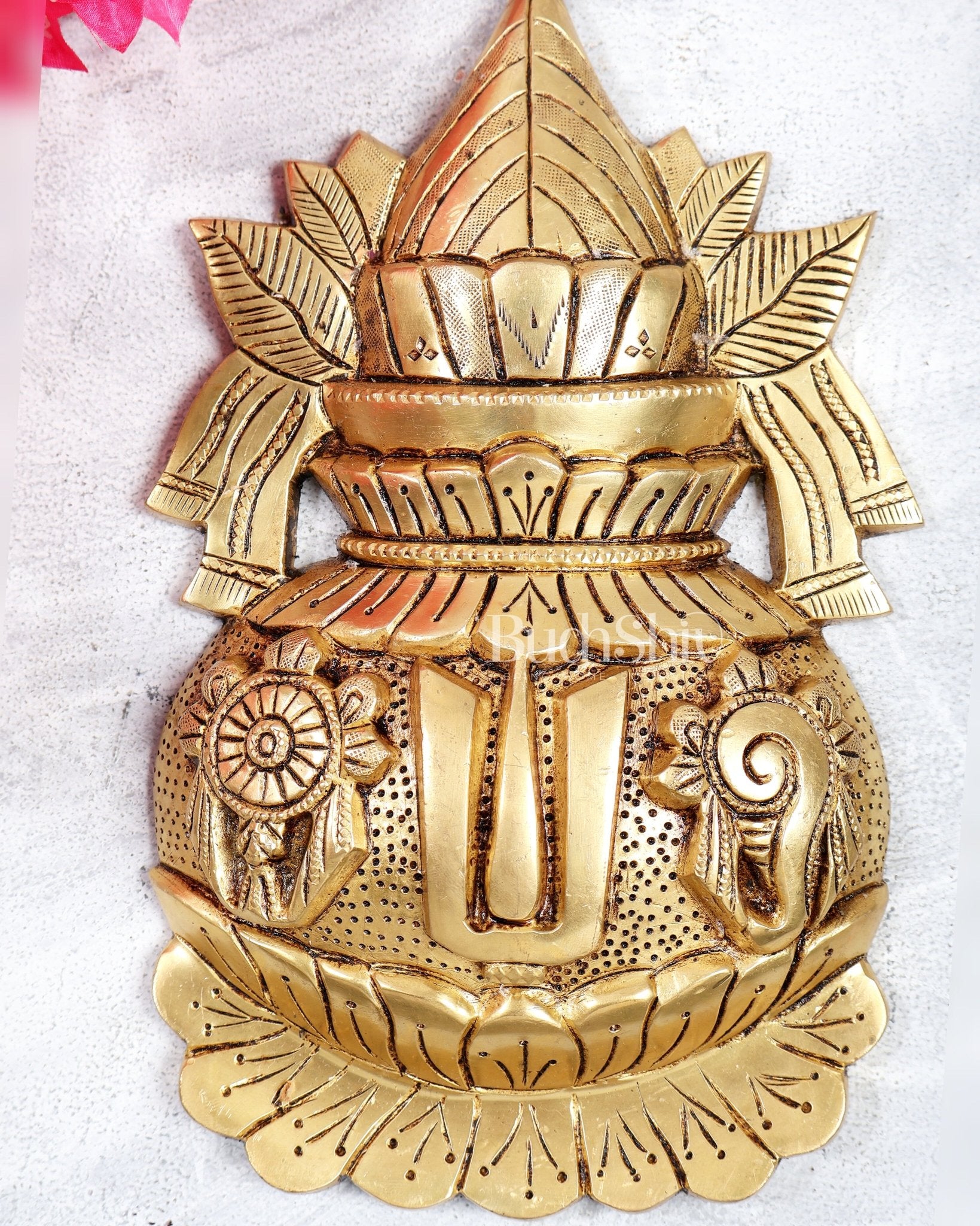 Brass Kalash Shankh Chakra Namah Wall Hanging – Auspicious Vedic Décor Plaque 10" - Budhshiv.com