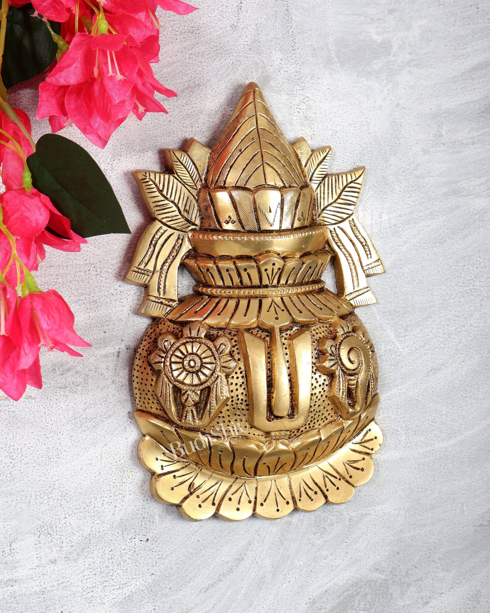 Brass Kalash Shankh Chakra Namah Wall Hanging – Auspicious Vedic Décor Plaque 10" - Budhshiv.com