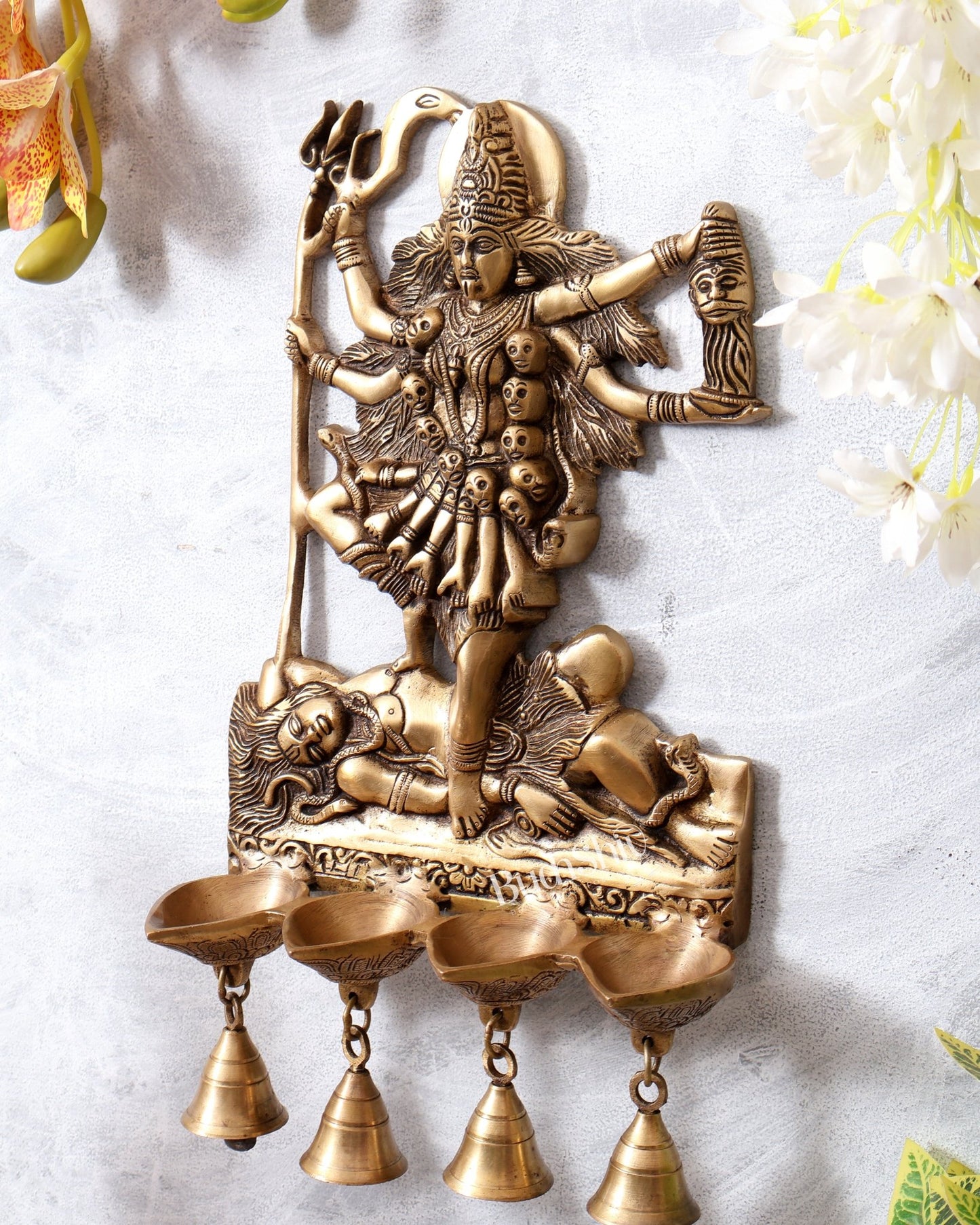 Brass Kali Ma Wall Hanging Panchdeep Diya with Bells – Divine Spiritual Décor 15" - Budhshiv.com