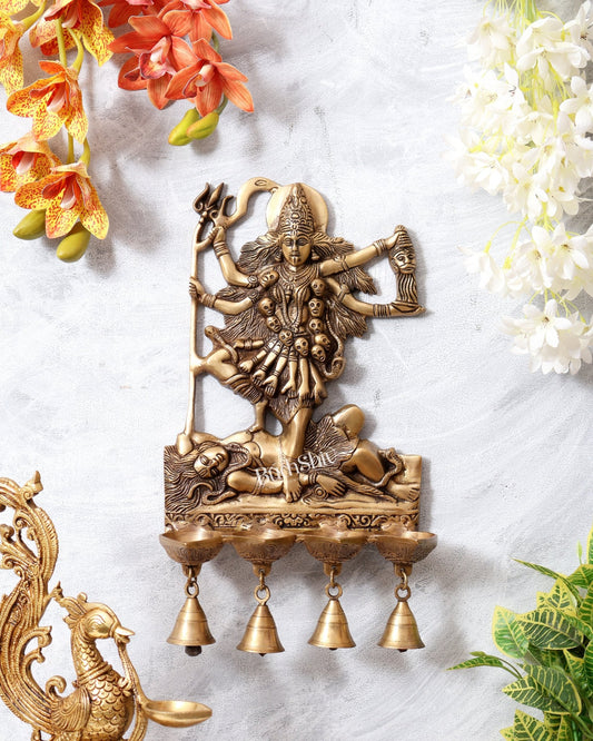 Brass Kali Ma Wall Hanging Panchdeep Diya with Bells – Divine Spiritual Décor 15" - Budhshiv.com