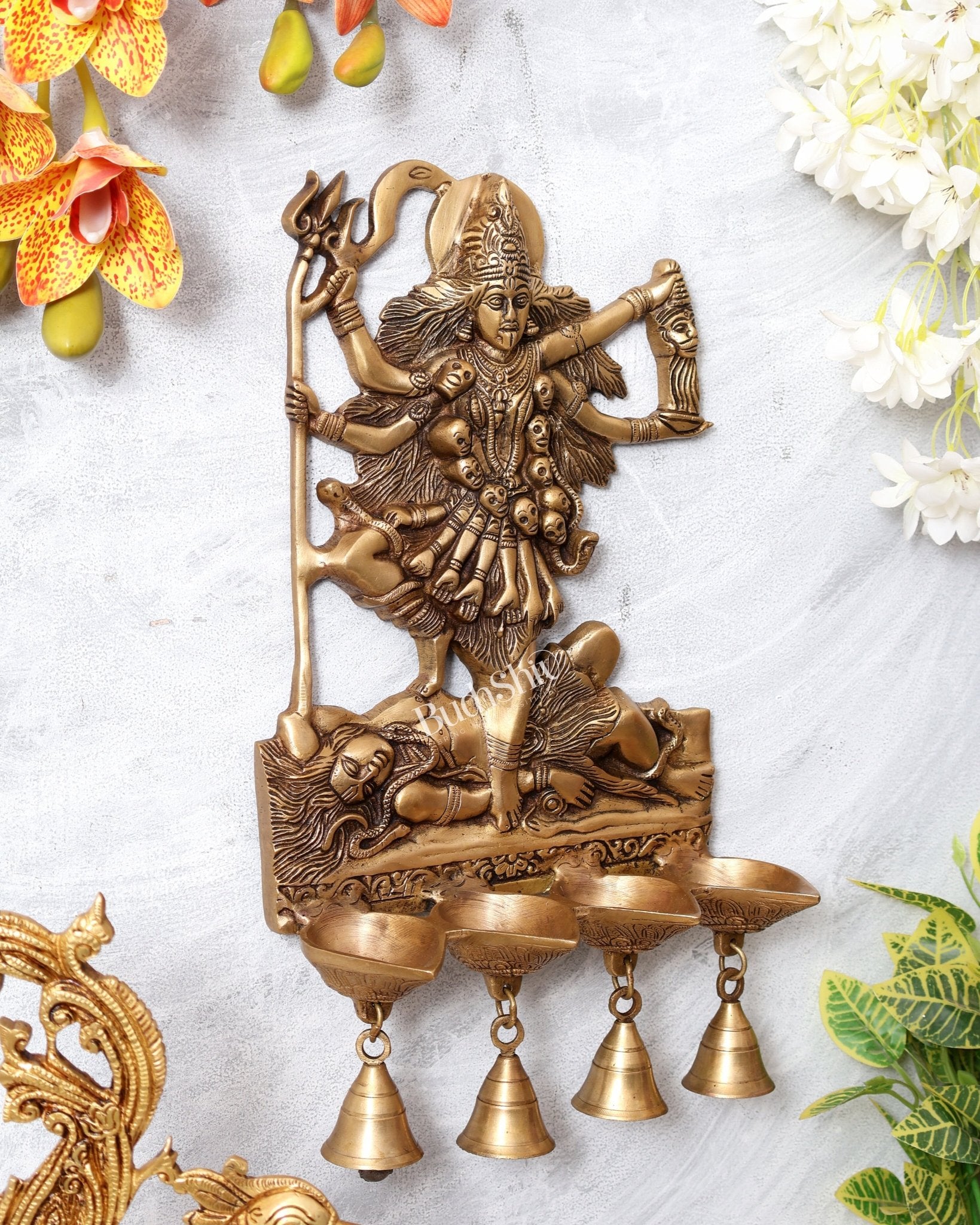 Brass Kali Ma Wall Hanging Panchdeep Diya with Bells – Divine Spiritual Décor 15" - Budhshiv.com