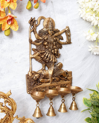 Brass Kali Ma Wall Hanging Panchdeep Diya with Bells – Divine Spiritual Décor 15" - Budhshiv.com
