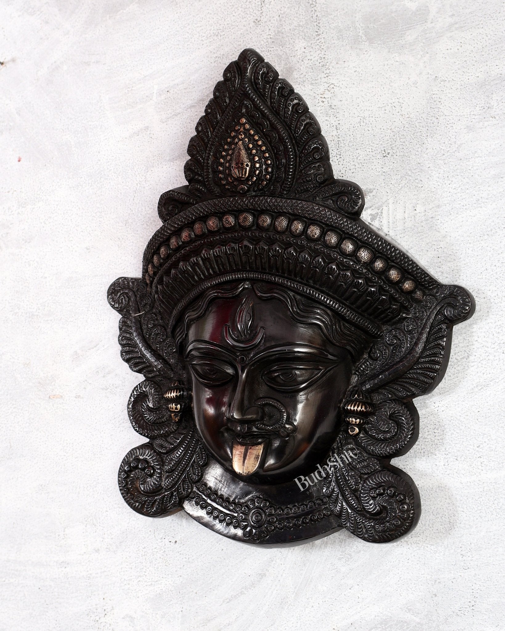 Brass Kali Maa Face wall hanging 10 inch - Budhshiv.com