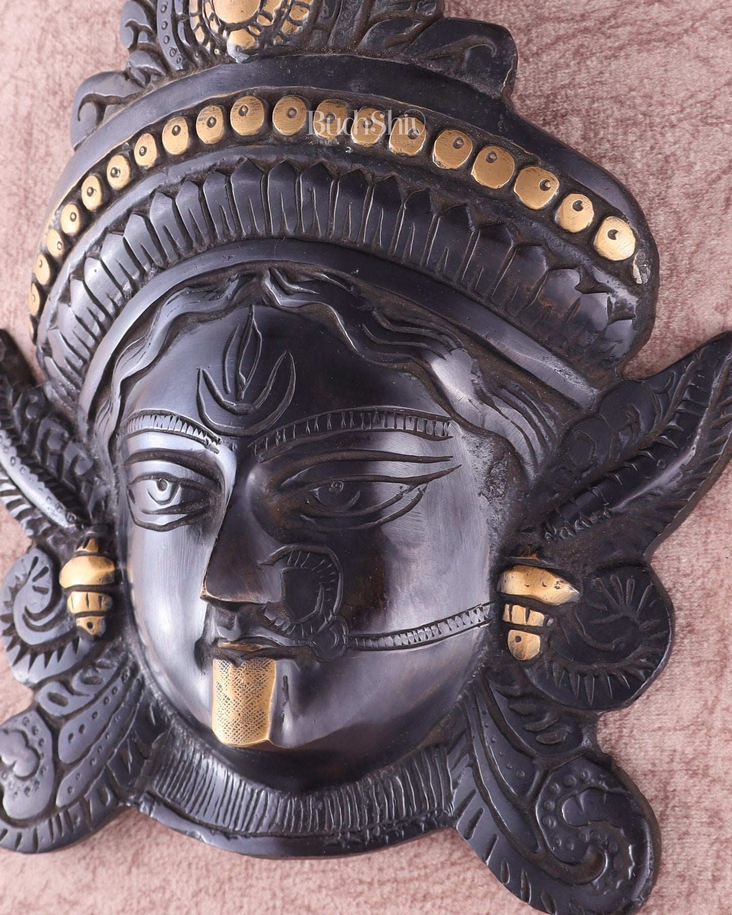 Brass Kali Maa Face wall hanging black edition 10" - Budhshiv.com