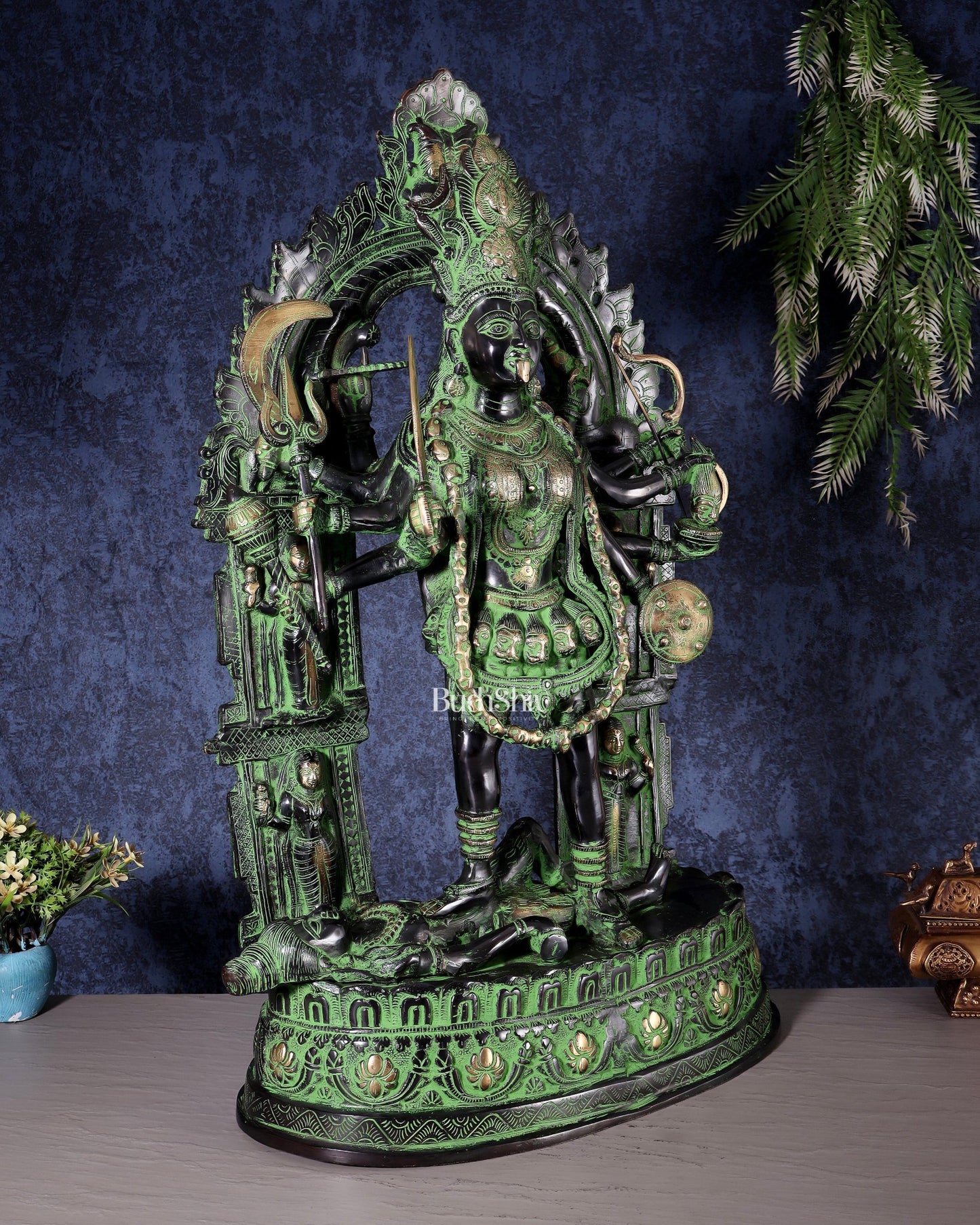 Brass Kali Mata with Temple Arch – Dashabhuja Form (Black - Green Tone) 28" - Budhshiv.com