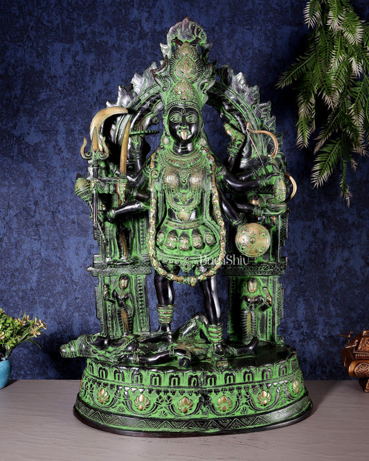 Brass Kali Mata with Temple Arch – Dashabhuja Form (Black - Green Tone) 28" - Budhshiv.com