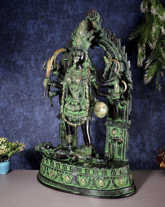 Brass Kali Mata with Temple Arch – Dashabhuja Form (Black - Green Tone) 28" - Budhshiv.com