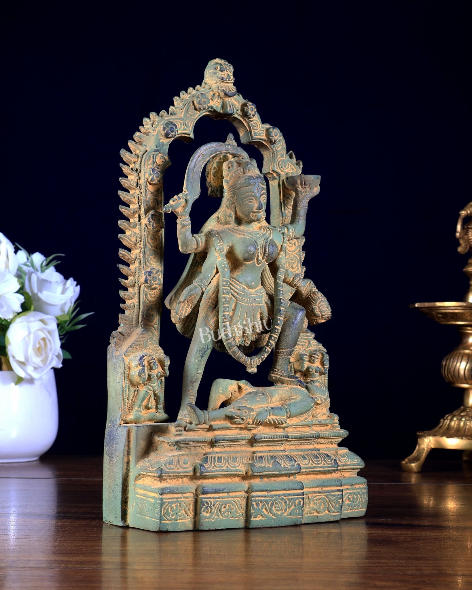 Brass Kali statue with Prabhavali 10" green sand patina - Budhshiv.com