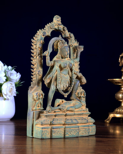 Brass Kali statue with Prabhavali 10" green sand patina - Budhshiv.com