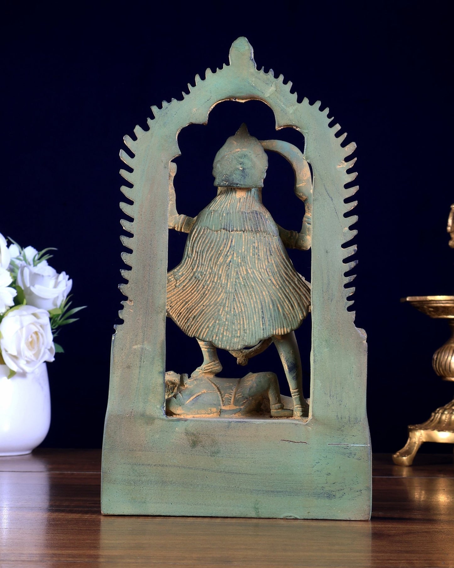 Brass Kali statue with Prabhavali 10" green sand patina - Budhshiv.com