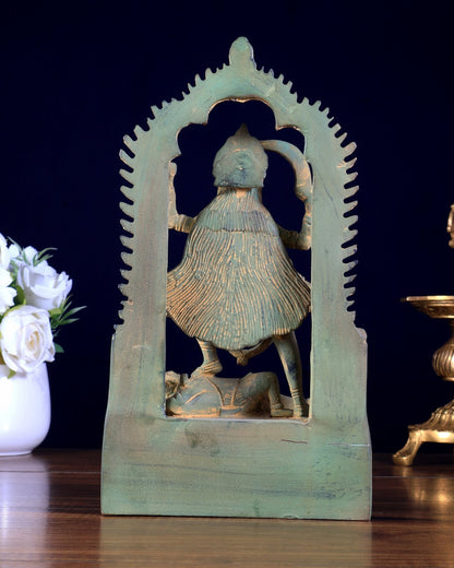 Brass Kali statue with Prabhavali 10" green sand patina - Budhshiv.com