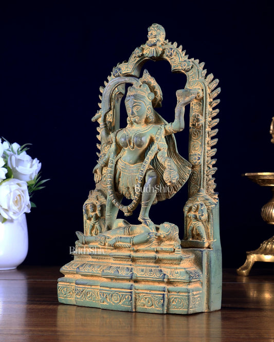 Brass Kali statue with Prabhavali 10" green sand patina - Budhshiv.com