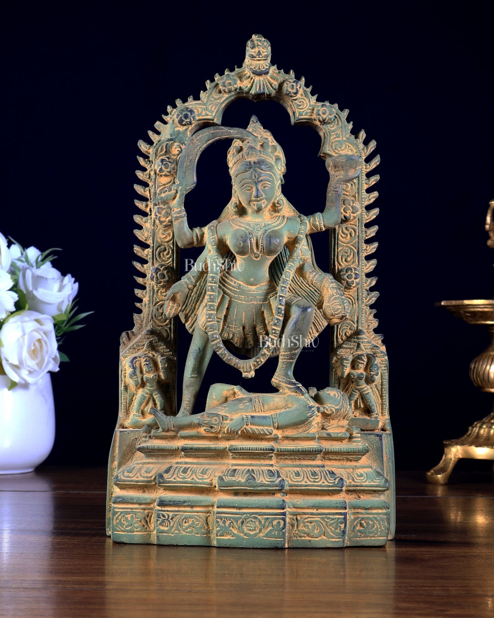 Brass Kali statue with Prabhavali 10" green sand patina - Budhshiv.com