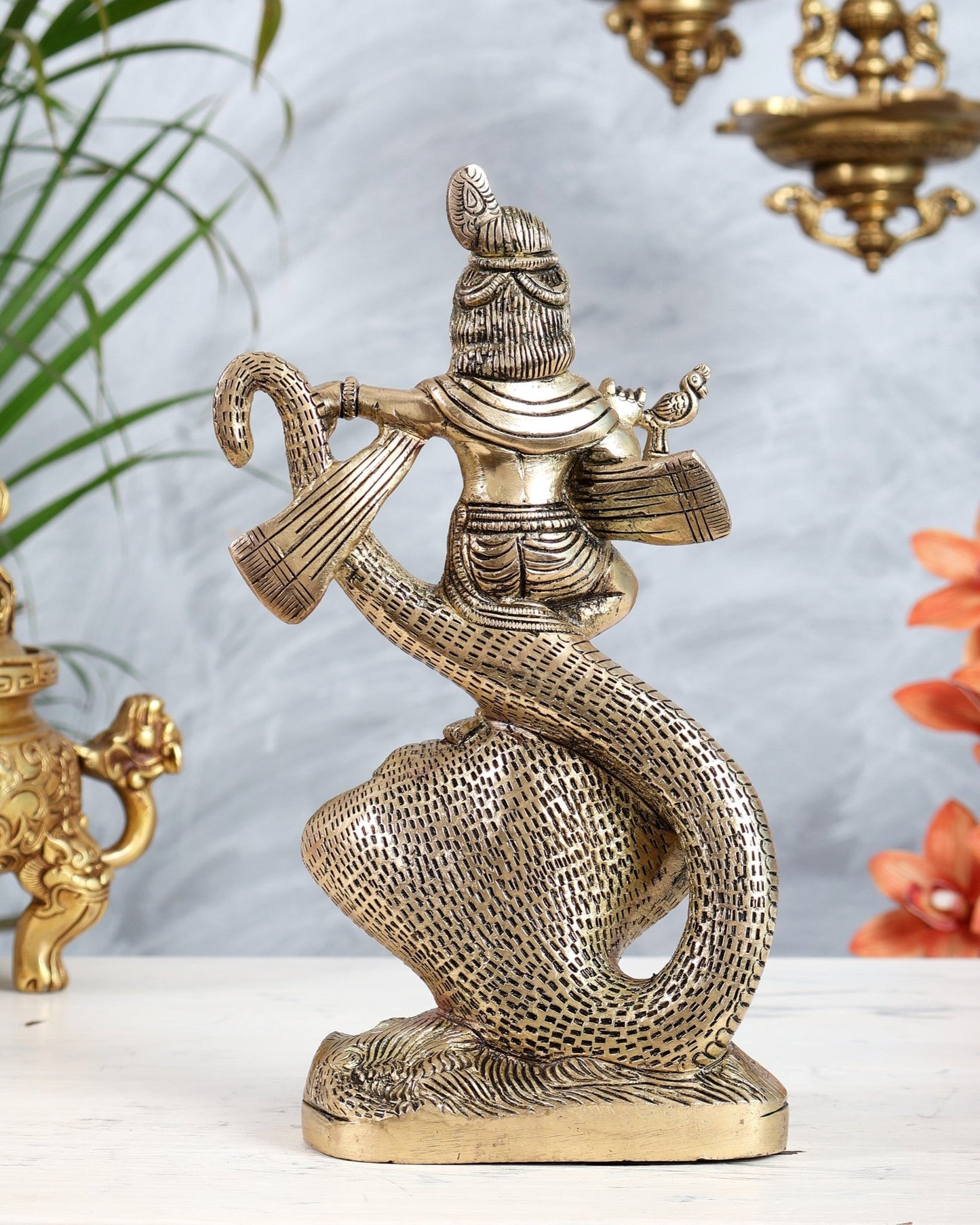 Brass Kalinga Narthana Krishna Idol | Krishna Dancing on Kaliya Naag Statue - Budhshiv.com
