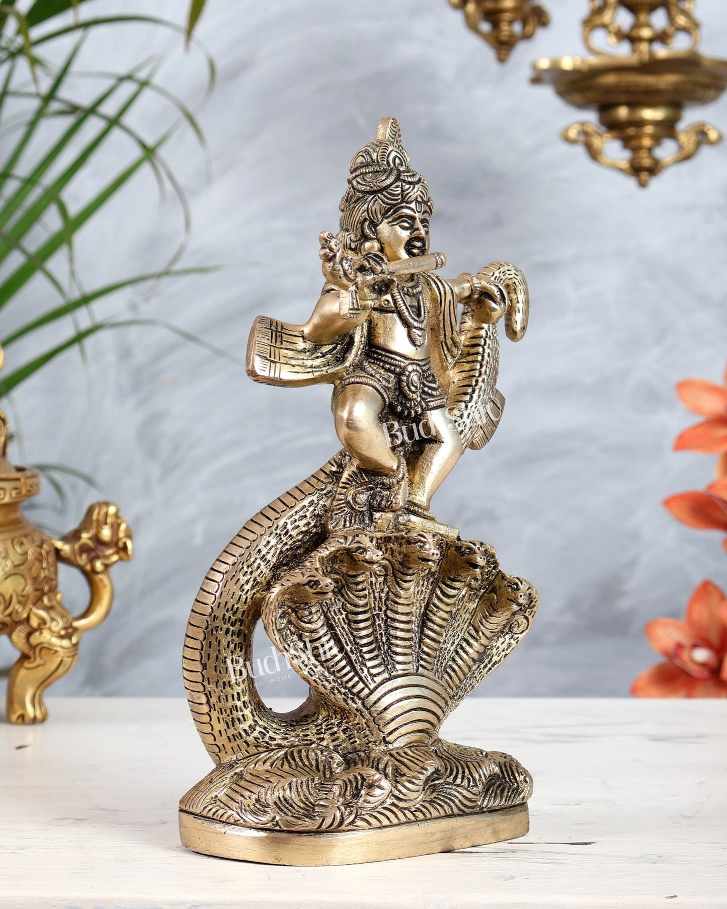 Brass Kalinga Narthana Krishna Idol | Krishna Dancing on Kaliya Naag Statue - Budhshiv.com