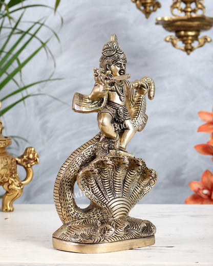 Brass Kalinga Narthana Krishna Idol | Krishna Dancing on Kaliya Naag Statue - Budhshiv.com